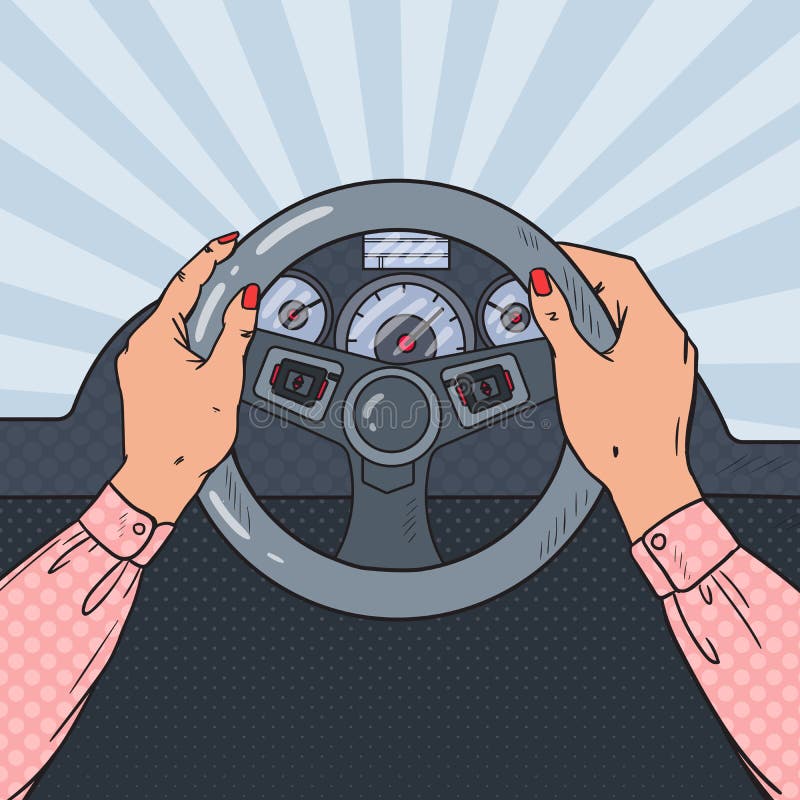 Pop Art Woman Hands on Car Wheel. Safe Driving. Vector illustration stock illustration