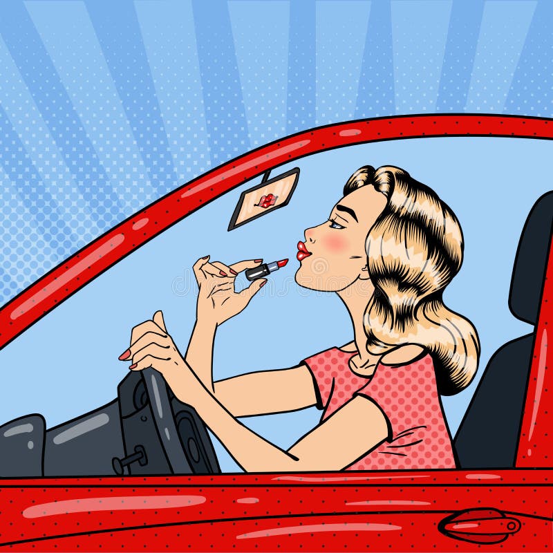 Pretty Blonde Woman Applying Lipstick While Driving a Car. Pop Art. Vector illustration vector illustration