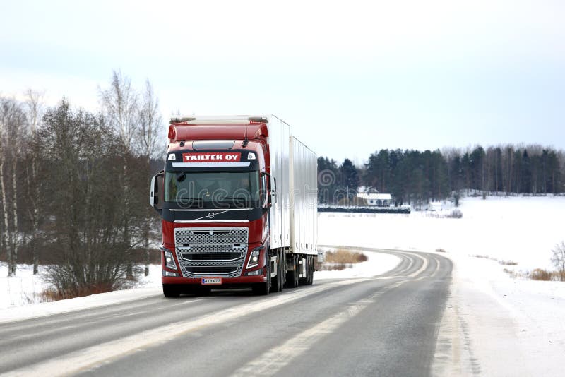 Red Volvo Fh26 Cargo Truck Winter Road Landscape stock photos
