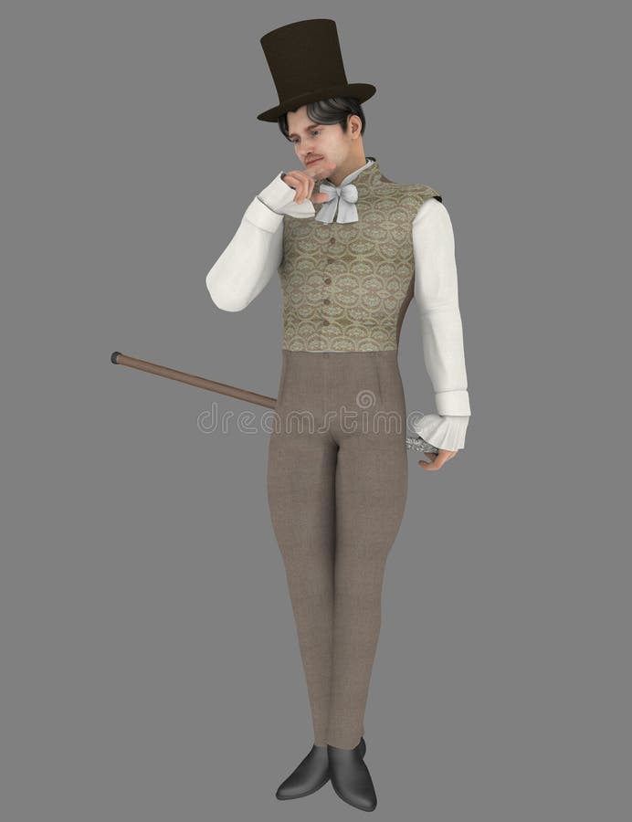 Regency with top hat. 3D render of a man dressed in regency period outfit with top hat and cane stock illustration