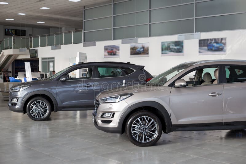 Russia, Izhevsk - January 23, 2020: New cars in the Hyundai showroom. Famous world brand. Prestigious cars stock photos