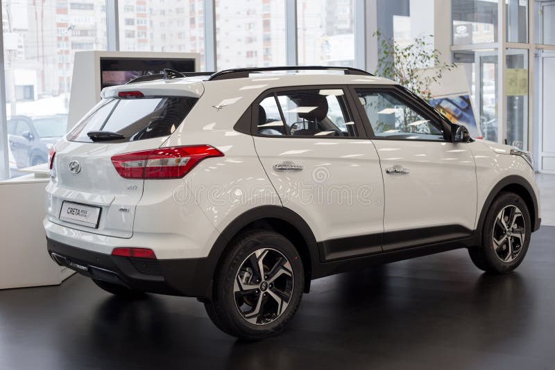 Russia, Izhevsk - January 23, 2020: New Creta Rock Edition in the Hyundai showroom. Famous world brand. Prestigious cars stock photos