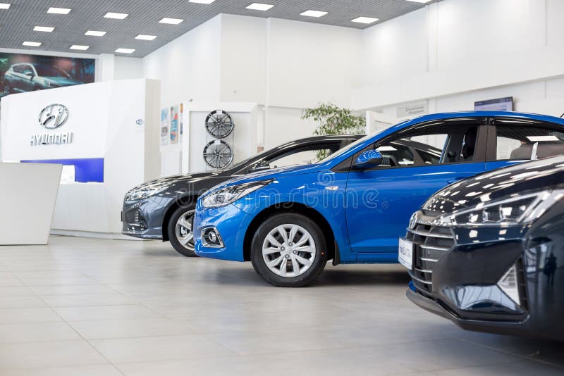 Russia, Izhevsk - January 23, 2020: New modern cars in the Hyundai showroom. Famous world brand. Prestigious cars royalty free stock photo