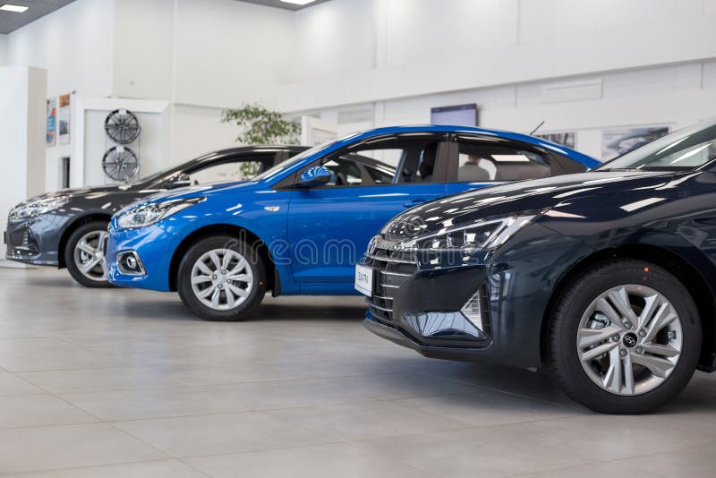 Russia, Izhevsk - January 23, 2020: New modern cars in the Hyundai showroom. Famous world brand. Prestigious cars stock photography