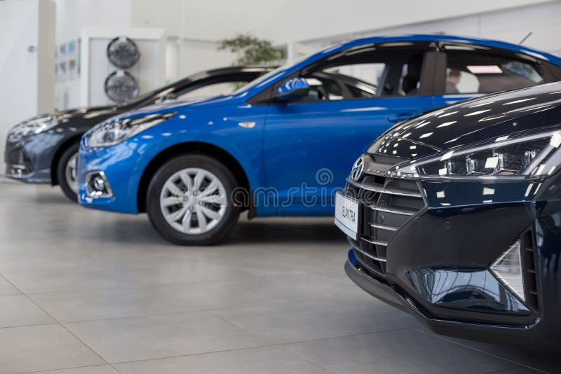 Russia, Izhevsk - January 23, 2020: New modern cars in the Hyundai showroom. Famous world brand. Prestigious cars stock image