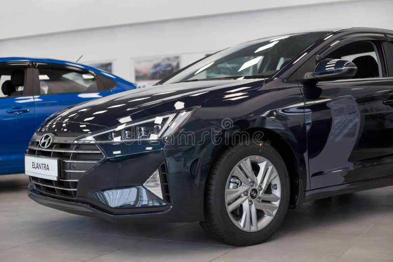 Russia, Izhevsk - January 23, 2020: New modern Elantra car in the Hyundai showroom. Famous world brand. Prestigious vehicles royalty free stock image