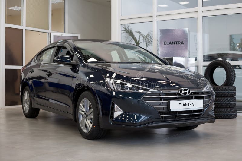 Russia, Izhevsk - January 23, 2020: New modern Elantra car in the Hyundai showroom. Famous world brand. Prestigious vehicles royalty free stock photography