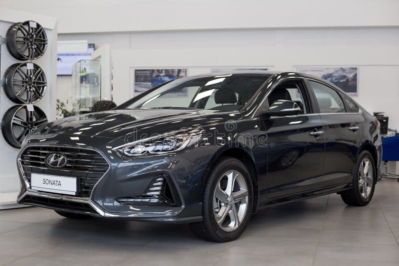 Russia, Izhevsk - January 23, 2020: New modern Sonata car in the Hyundai showroom. Famous world brand. Prestigious vehicles stock photography