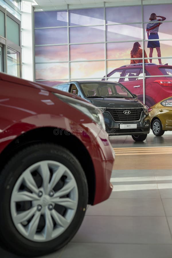 Russia, Izhevsk - October 30, 2019: New modern cars in the Hyundai showroom. Famous world brand. Prestigious cars stock image