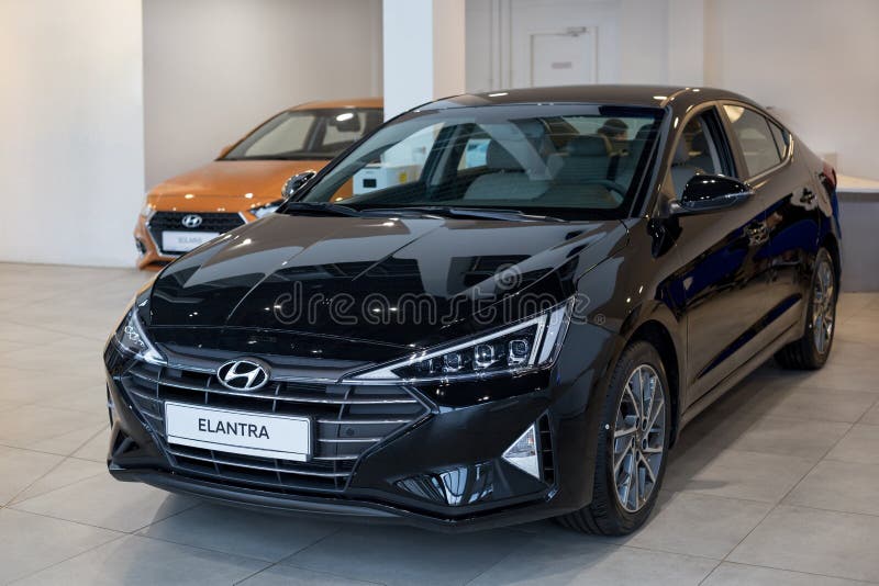 Russia, Izhevsk - October 16, 2019: New modern Elantra in the Hyundai showroom. Famous world brand. Prestigious vehicles royalty free stock photo