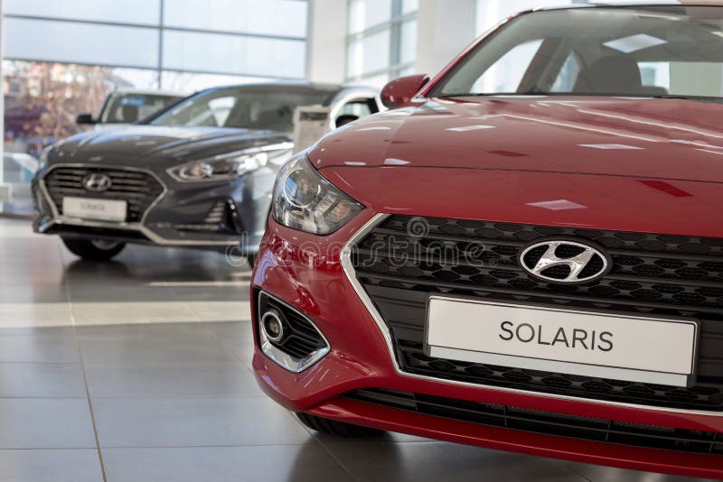 Russia, Izhevsk - October 30, 2019: New modern Solaris in the Hyundai showroom. Famous world brand. Prestigious vehicles stock image