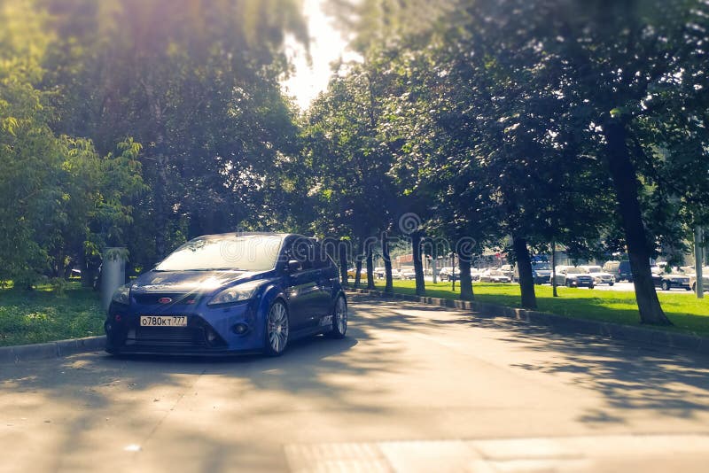 Russia, Moscow - May 04, 2019: Blue hot hatchback Ford Focus RS Parked on the sidewalk. Violates parking rules. Racing car on the stock photography