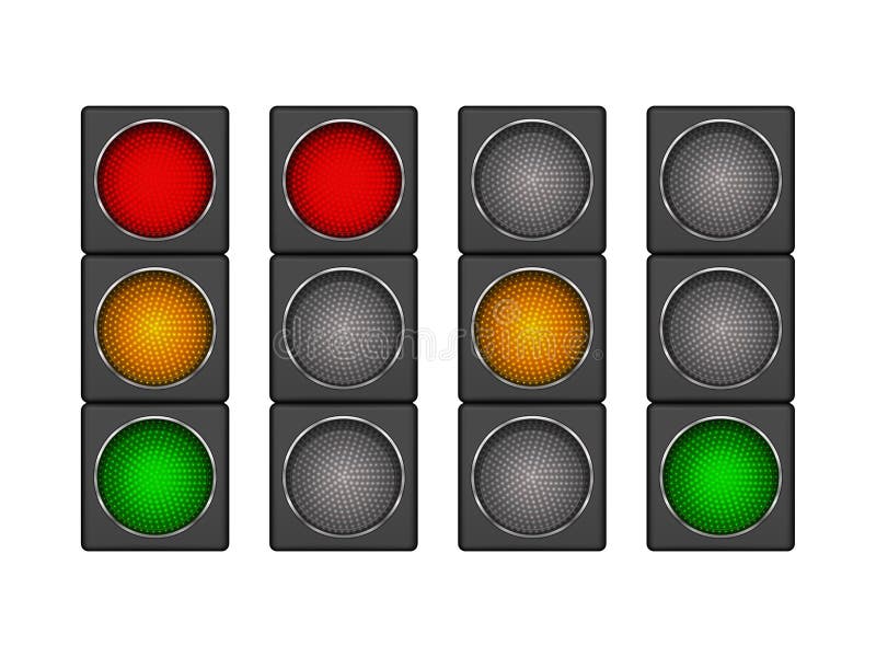 Set of 4 modern led traffic light with different sequence of switching-on red, yellow, green lights. vector illustration