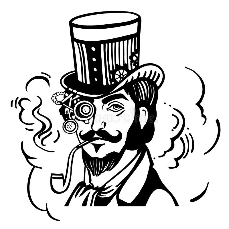 Steampunk man in top hat and glasses. With the beard and moustache and a smoking pipe, retro, vector illustration, man, steampunk, industrial, machine, vintage royalty free illustration