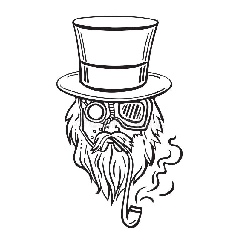 Steampunk old man in top hat and glasses. With the beard and moustache and a smoking pipe, retro, vector illustration, man, steampunk, industrial, machine vector illustration