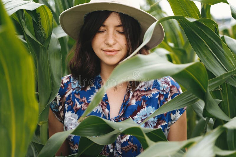 Stylish young woman in blue vintage dress and hat posing in green corn field. Sensual portrait of beautiful girl in cornfield maze. Calm tranquil moment in royalty free stock photography