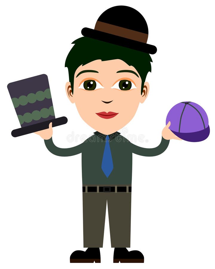 Three hats. A man holding a top hat and cap while wearing a bowler hat stock illustration