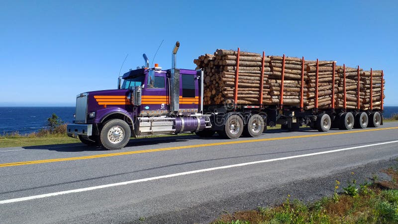 Timber truck transporting wooden logs on the Gaspesie road. Quebec Canada stock photos