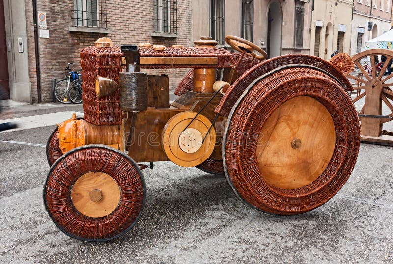 Tractor of wood and wicker stock image