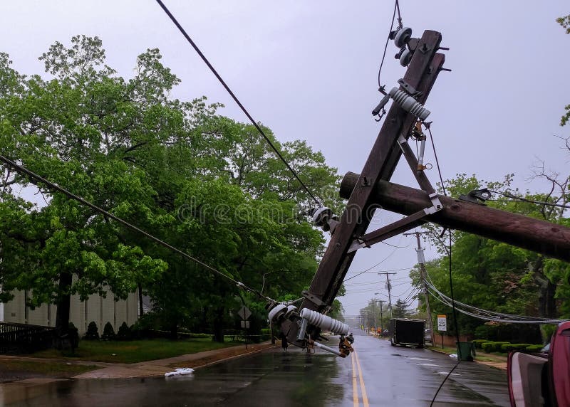 electric pole after hurricane damaged car turned over after accident royalty free stock photos