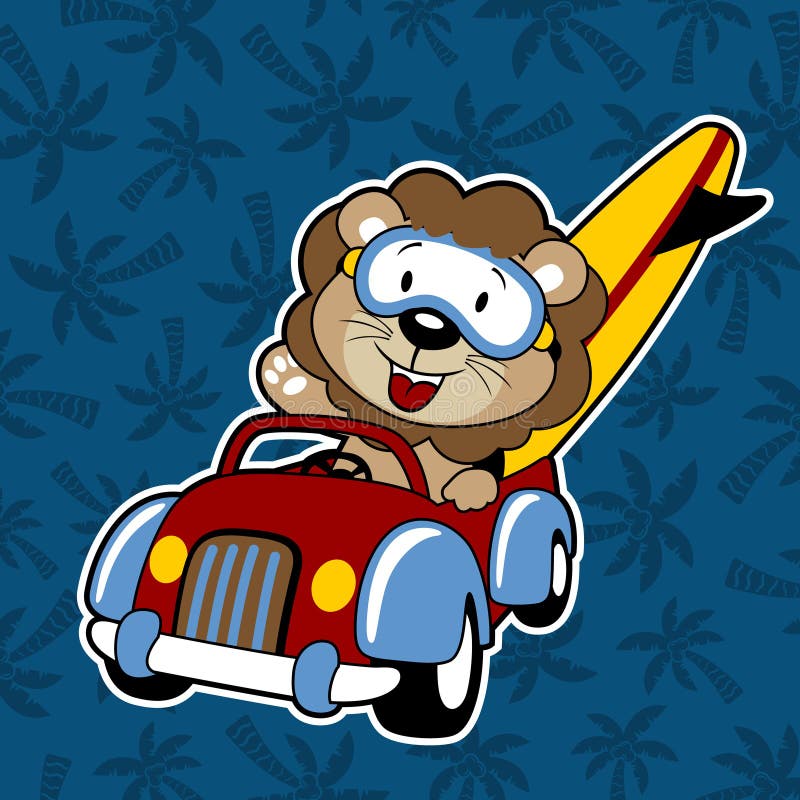 Cartoon of lion driving a car with surfboard. Vector cartoon of lion driving a car carrying surfboard on coconut tree background pattern royalty free illustration