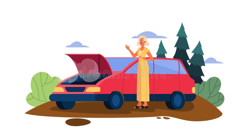 Vector illustration with broken car on a road. Vector illustration with broken down car on a road. Car breaking down accidentally on the road. Sad and scared royalty free illustration