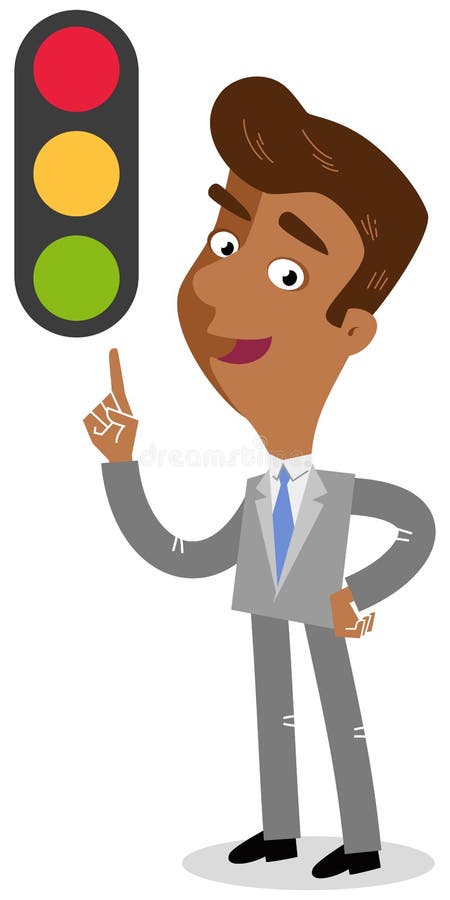 Vector illustration of a friendly looking asian cartoon businessman pointing at traffic light stock illustration