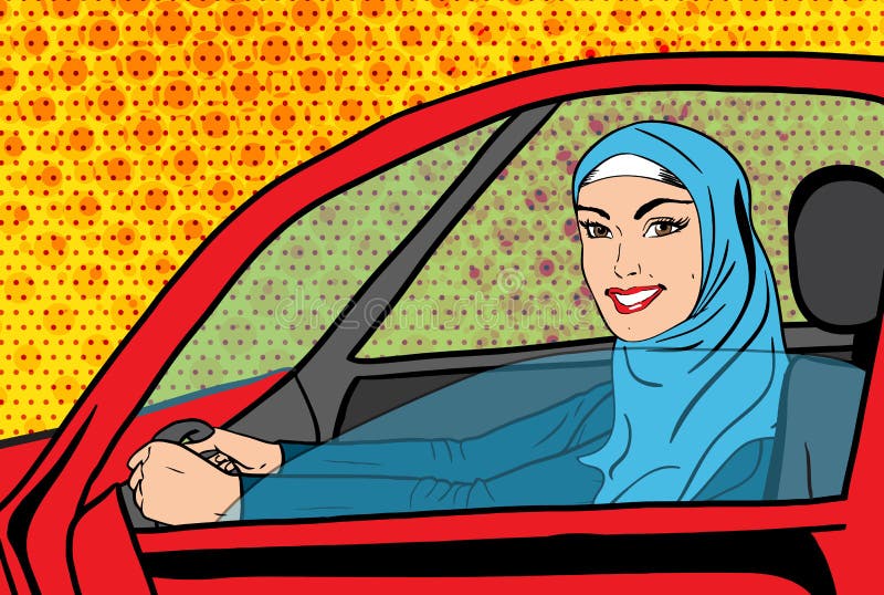 Vector pop art muslim woman in car. Vector pop art comic retro style illustration of islamic beautiful woman in hijab driving car. Concept of allowance for saudi royalty free illustration