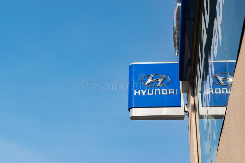 View of the Hyundai brand logo company. LOMME,FRANCE-February 17,2019: View of the Hyundai brand logo company.Hyundai Motor Company - is a South Korean stock image