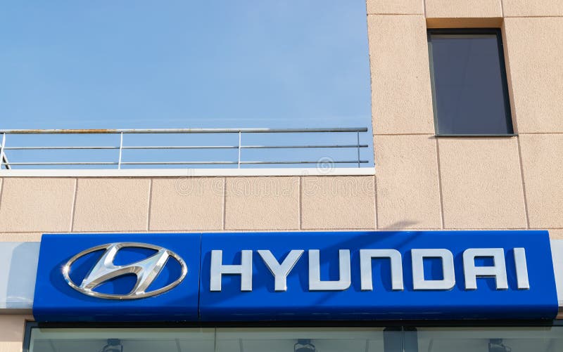 View of the Hyundai brand logo company. LOMME,FRANCE-February 17,2019: View of the Hyundai brand logo company.Hyundai Motor Company - is a South Korean stock image