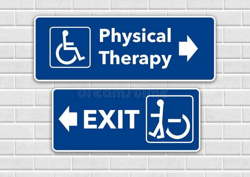 A wheelchair accessible sign points the way to physical therapy and pointing the other way toward the exit is a person standing. In a wheelchair sign royalty free stock photography