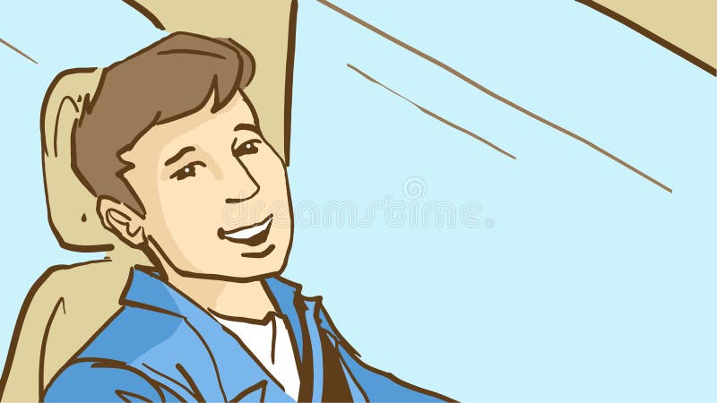 Cartoon Young cheerful man in blue suit driving a car. Young cheerful man in blue suit driving a car. Cartoon color vector sketch vector illustration