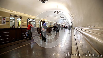 `The Sokolniki` retro-train is stylized as the first train of the Moscow Metro. The Moscow Metro in honor of its 83rd anniversary stock video