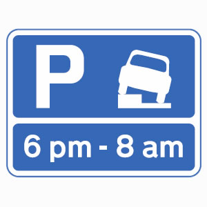Vehicles may park partially on verge or pavement during times shown sign