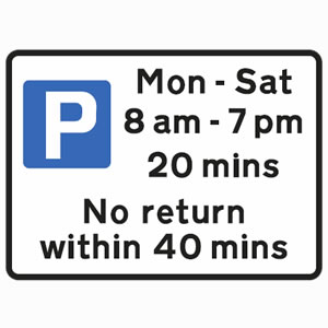 Free parking for all vehicles between Monday and Saturday, between the hours of 8am and 7pm. Parking is permitted for 20 minutes sign